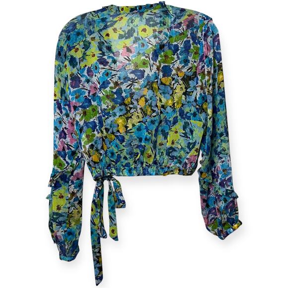 Zara Floral Ruffle Wrap Blouse Long Sleeve Sheer Tie Front Crop Top Boho Sz L - Picture 6 of 9